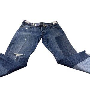 Levis 501 Jeans Women Patchwork Denim Ragged Lands Color Block Raw Hem Straight